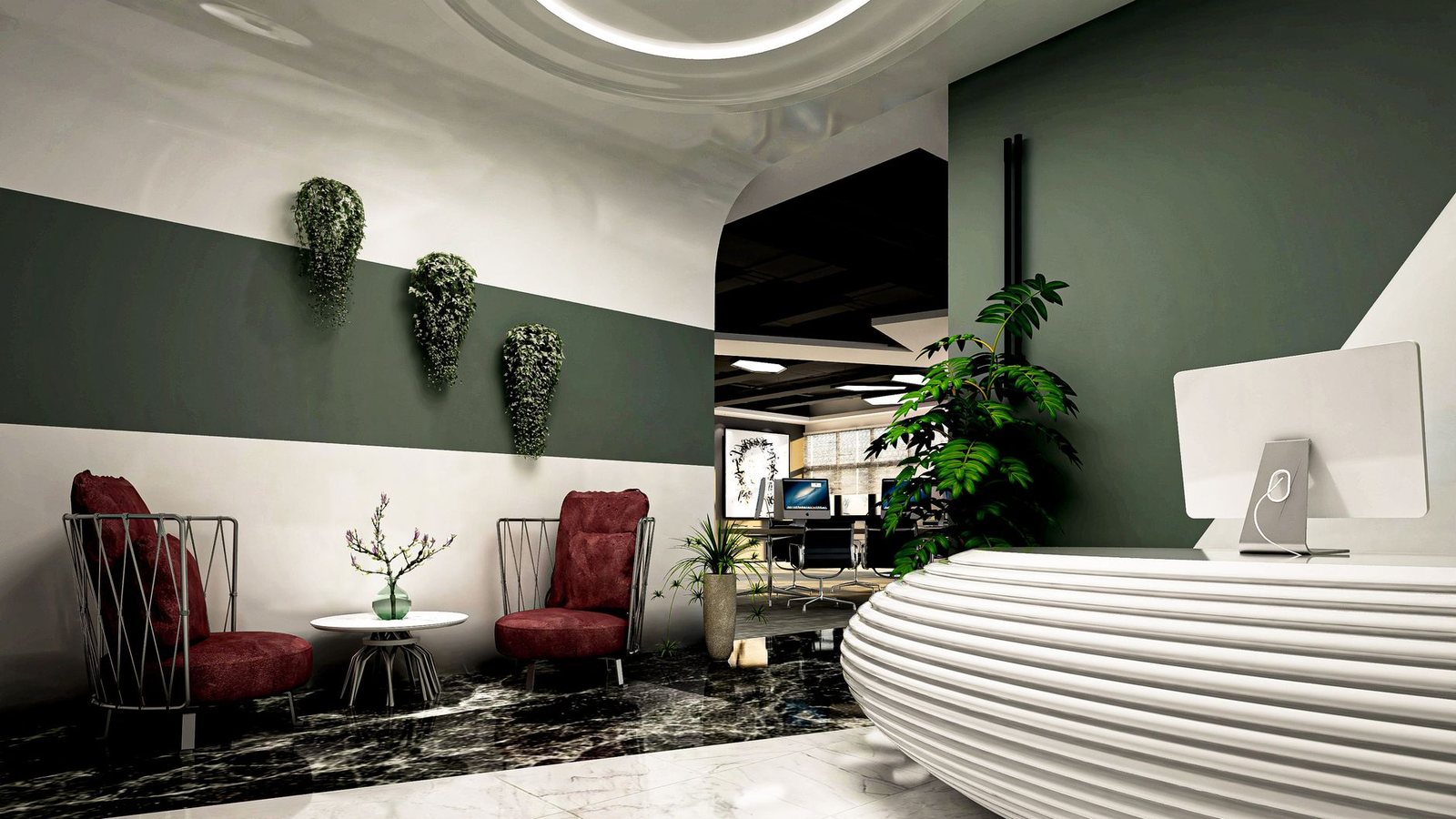 A reception area with upholstered armchairs and plants, the kind of front desk a business-address provider keeps at street level.